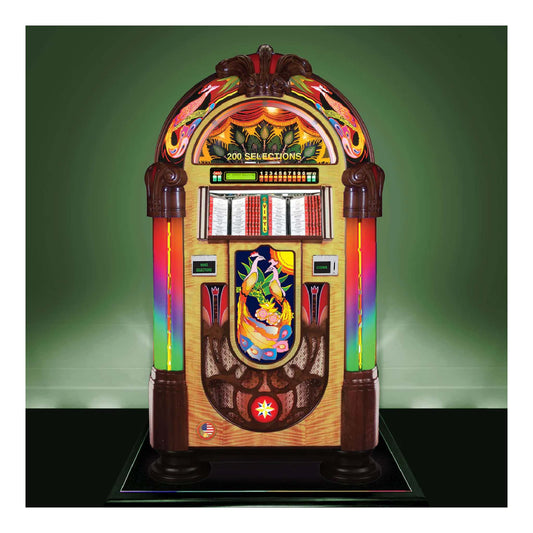 Colorful vintage-style jukebox with decorative elements on a green background