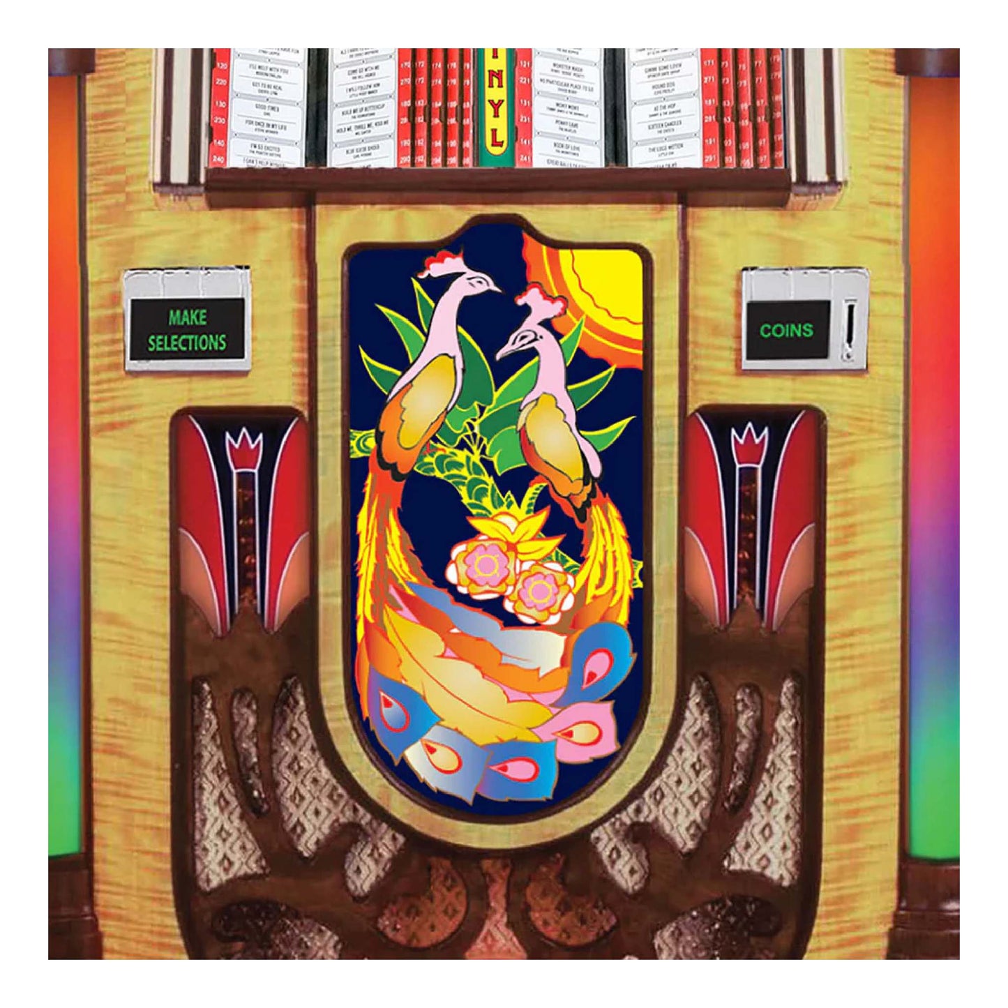 Vintage-style arcade machine with colorful design and peacock illustration.