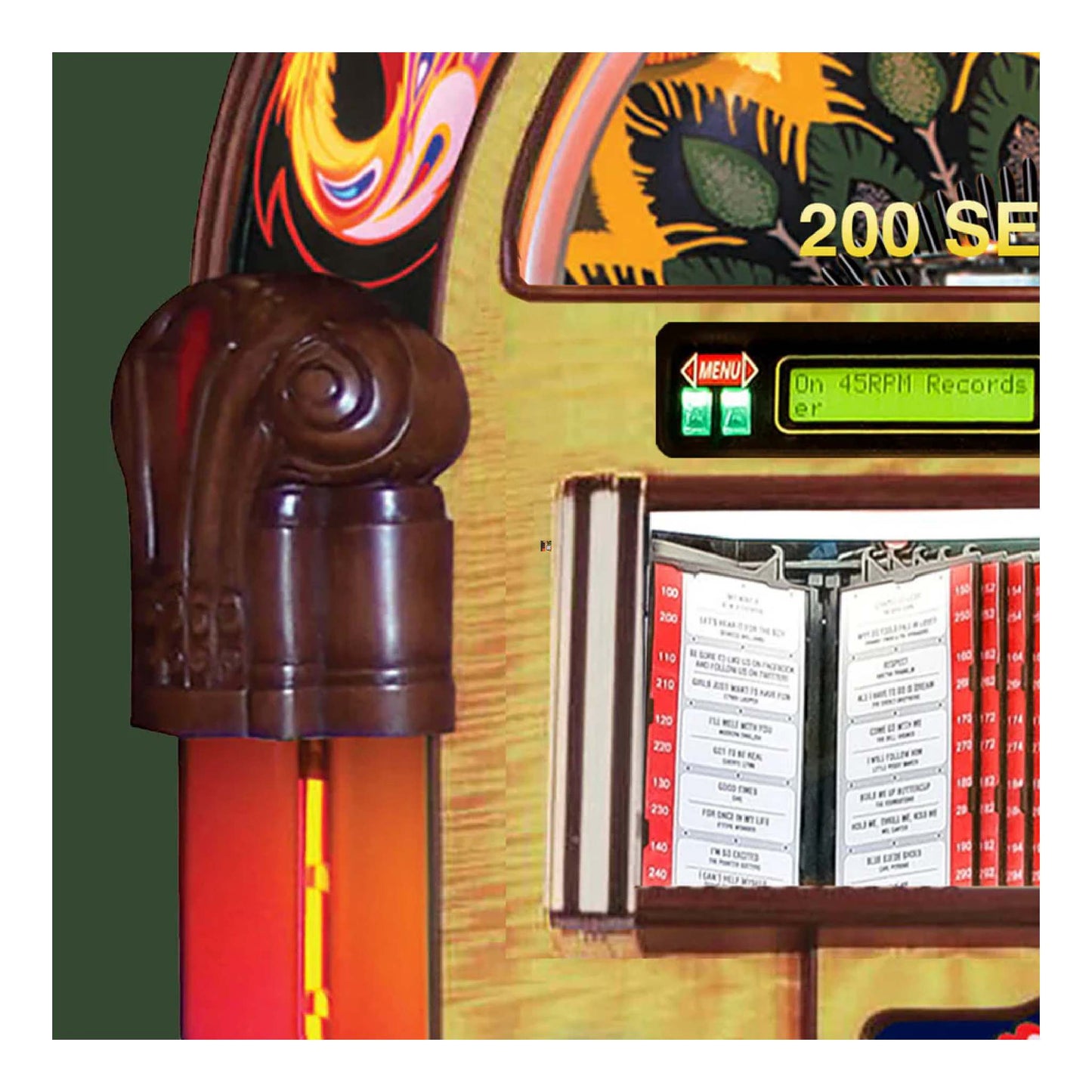 Close-up of a vintage jukebox with colorful design and menu display.