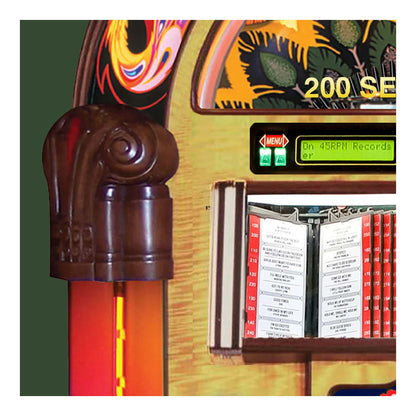 Close-up of a vintage jukebox with colorful design and menu display.
