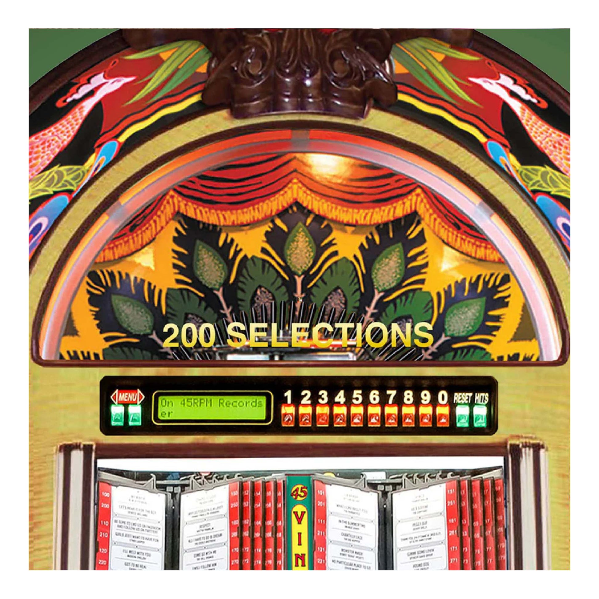 Vintage-style jukebox with colorful design and '200 Selections' display.