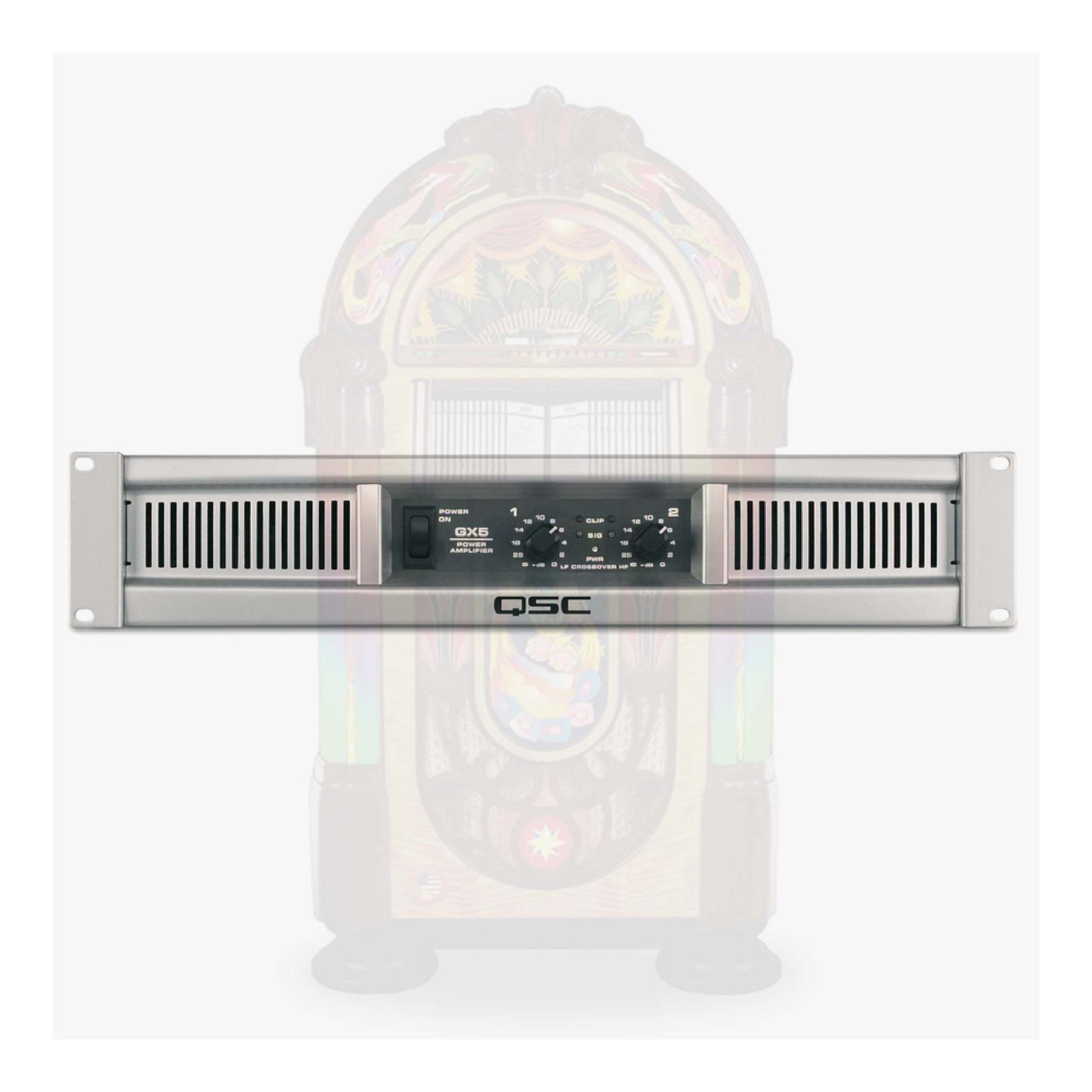 QSC audio amplifier on a white background