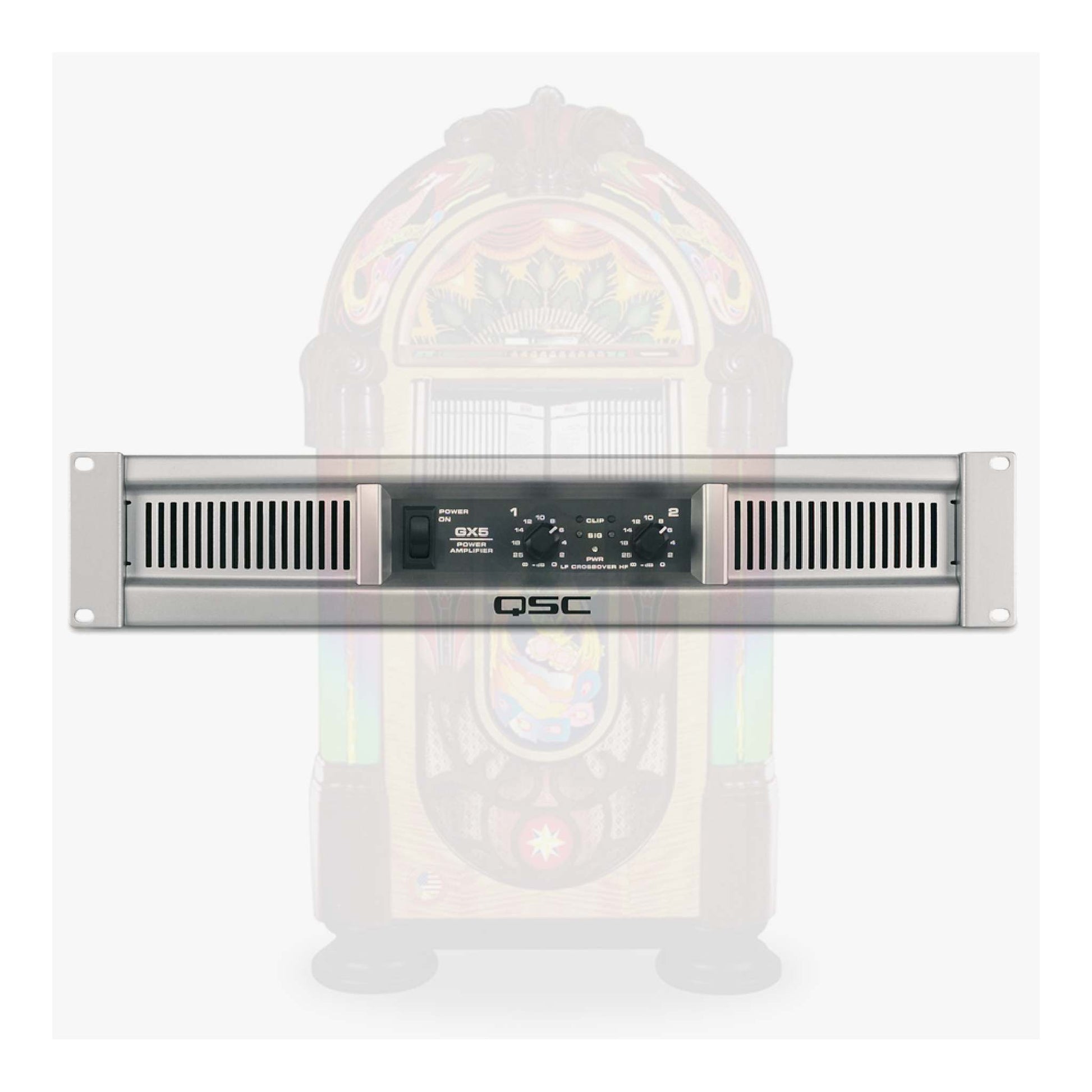 QSC audio amplifier on a white background