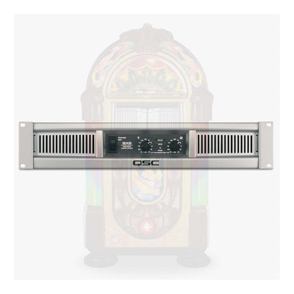 QSC audio amplifier on a white background