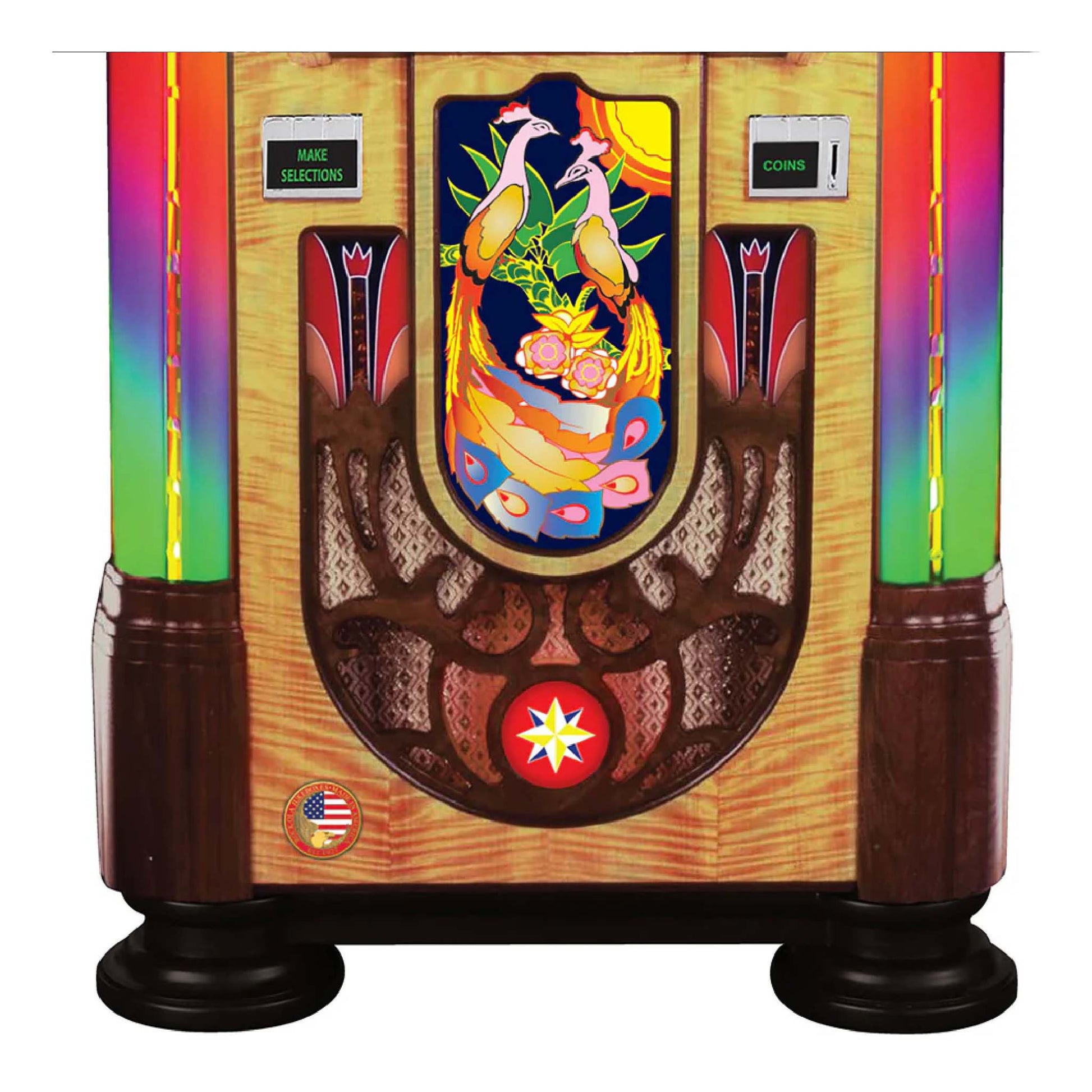 Colorful vintage-style arcade machine with a central design of two birds and rainbow colors.