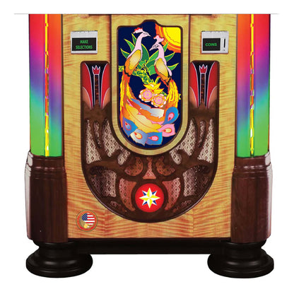 Colorful vintage-style arcade machine with a central design of two birds and rainbow colors.