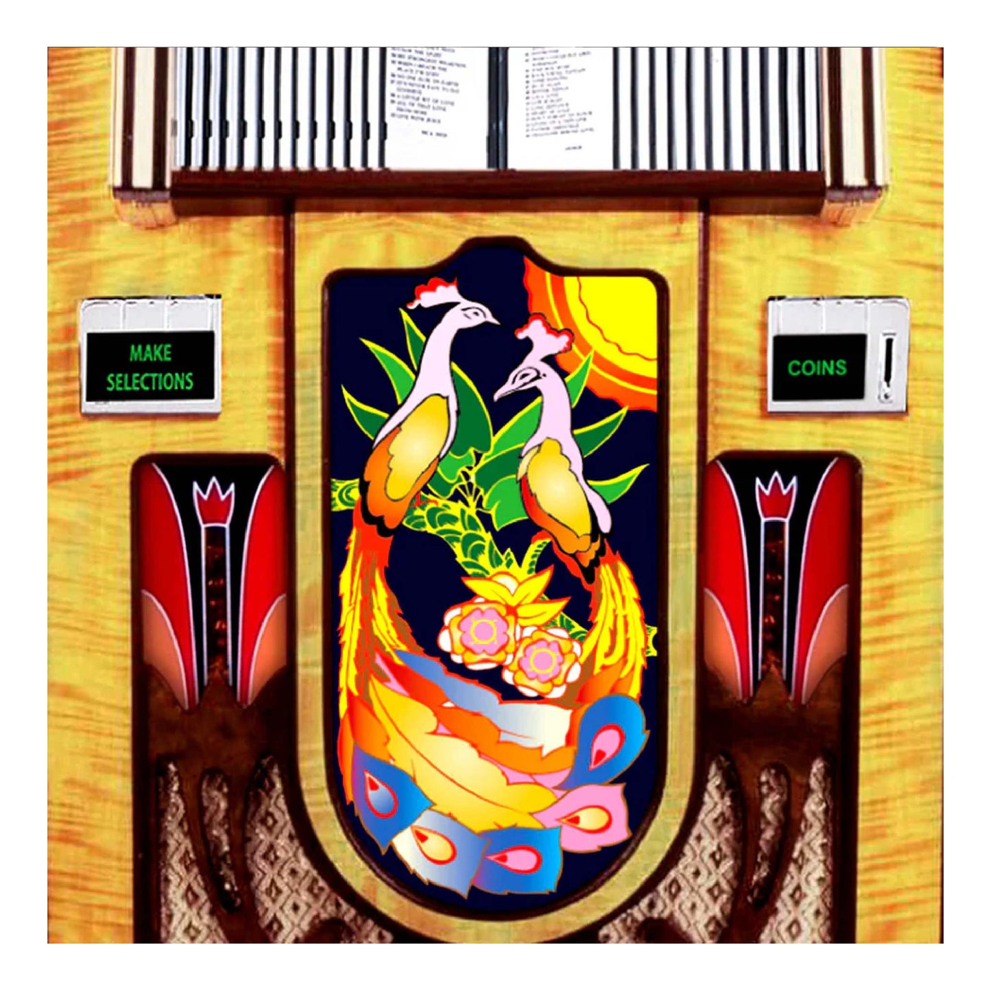 Colorful slot machine with peacock design and wooden finish