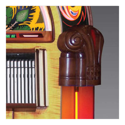 Close-up of a colorful slot machine with wooden handle and vibrant design.