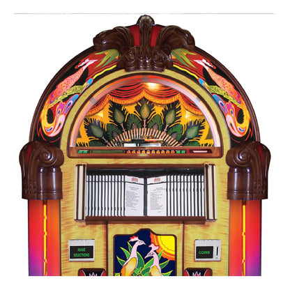 Colorful vintage jukebox with decorative elements on a white background