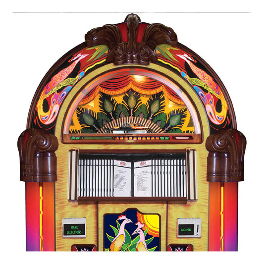 Colorful vintage jukebox with decorative elements on a white background