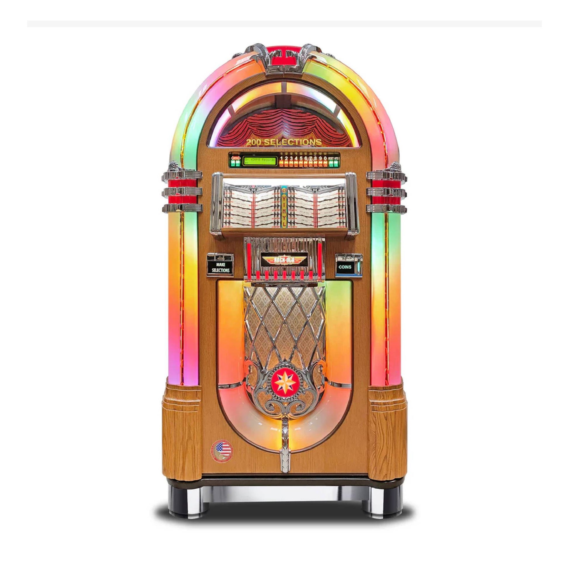Vintage-style jukebox with rainbow-colored top on a white background