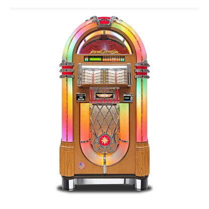 Vintage-style jukebox with rainbow-colored top on a white background