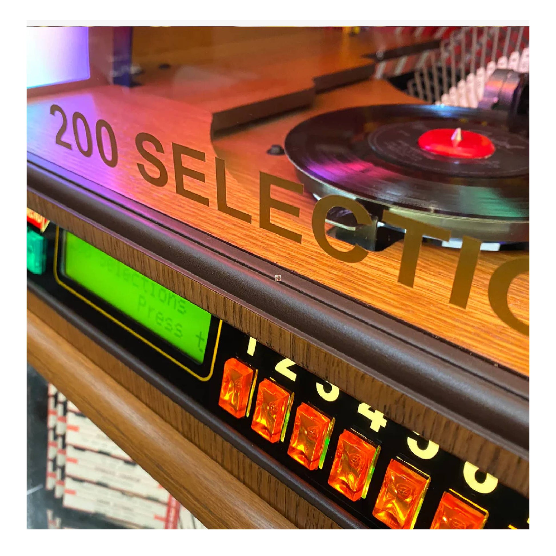 Turntable with vinyl record and colorful display panel