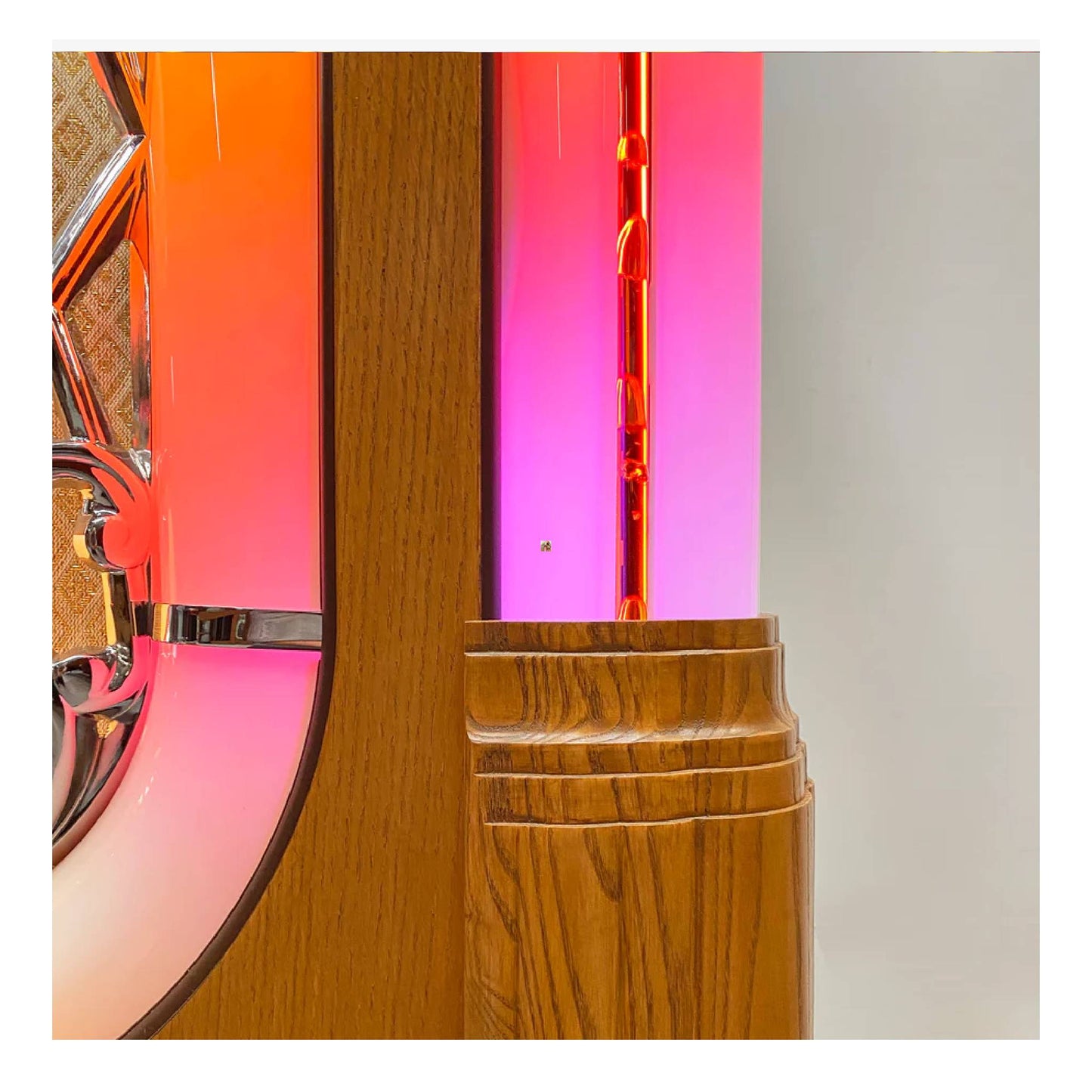 Close-up of a wooden product with colorful interior