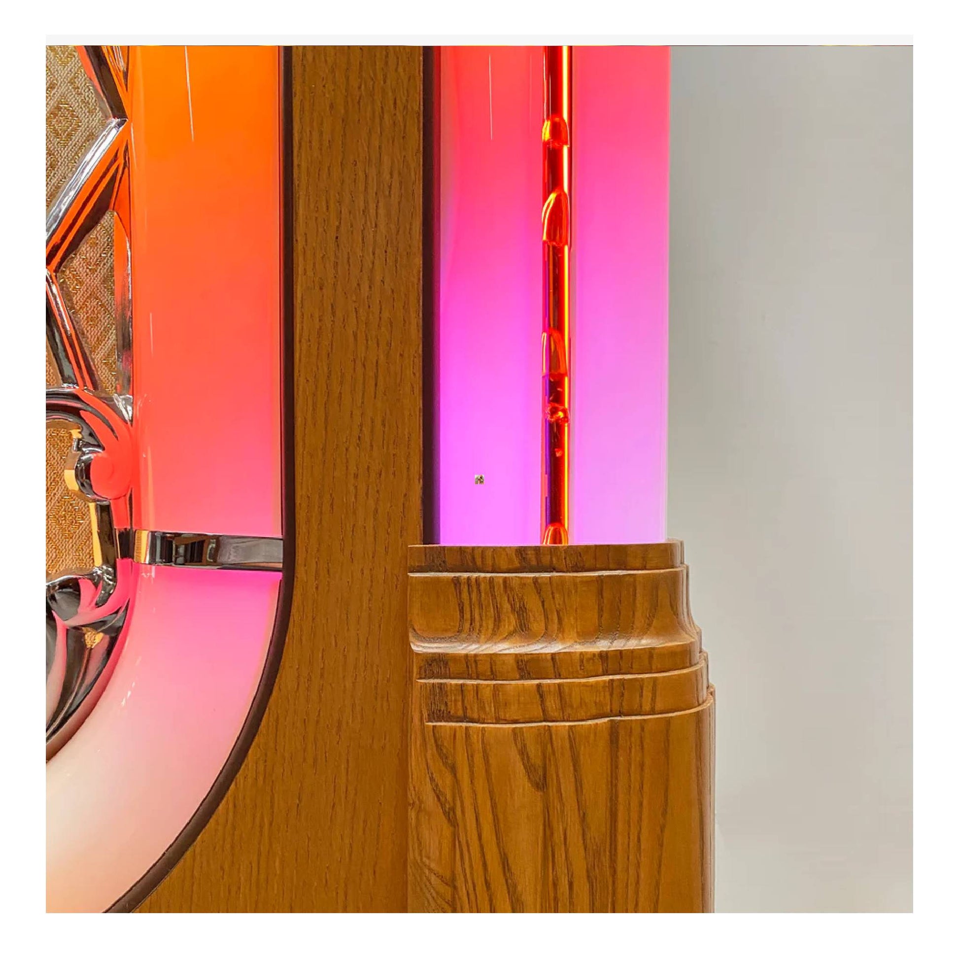 Close-up of a wooden product with colorful interior