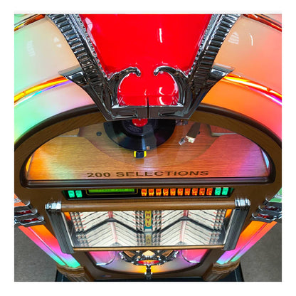 Vintage-style jukebox with colorful lights and '200 Selections' display.