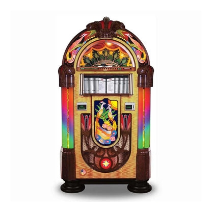 Colorful vintage-style jukebox with rainbow design on a white background