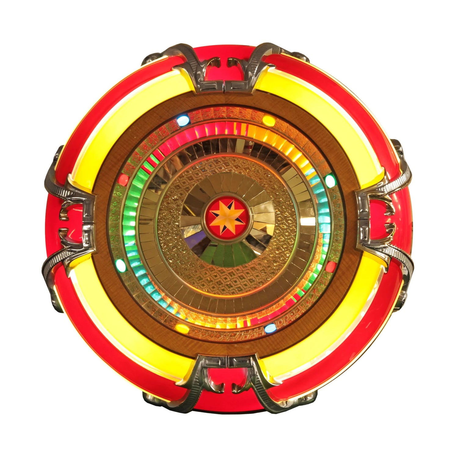 Decorative circular object with red, yellow, and gold colors on a white background
