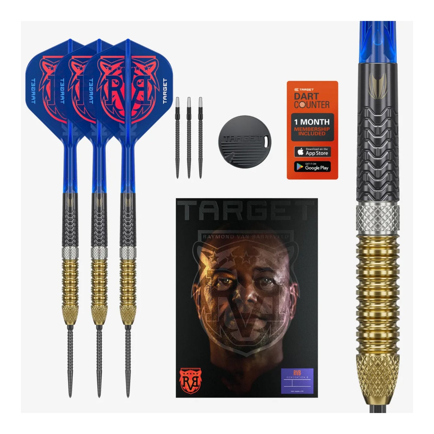 Full view of Target RVB Gen 6 Swiss Point darts showing black and gold 95% tungsten barrels and K-Flex integrated flights.