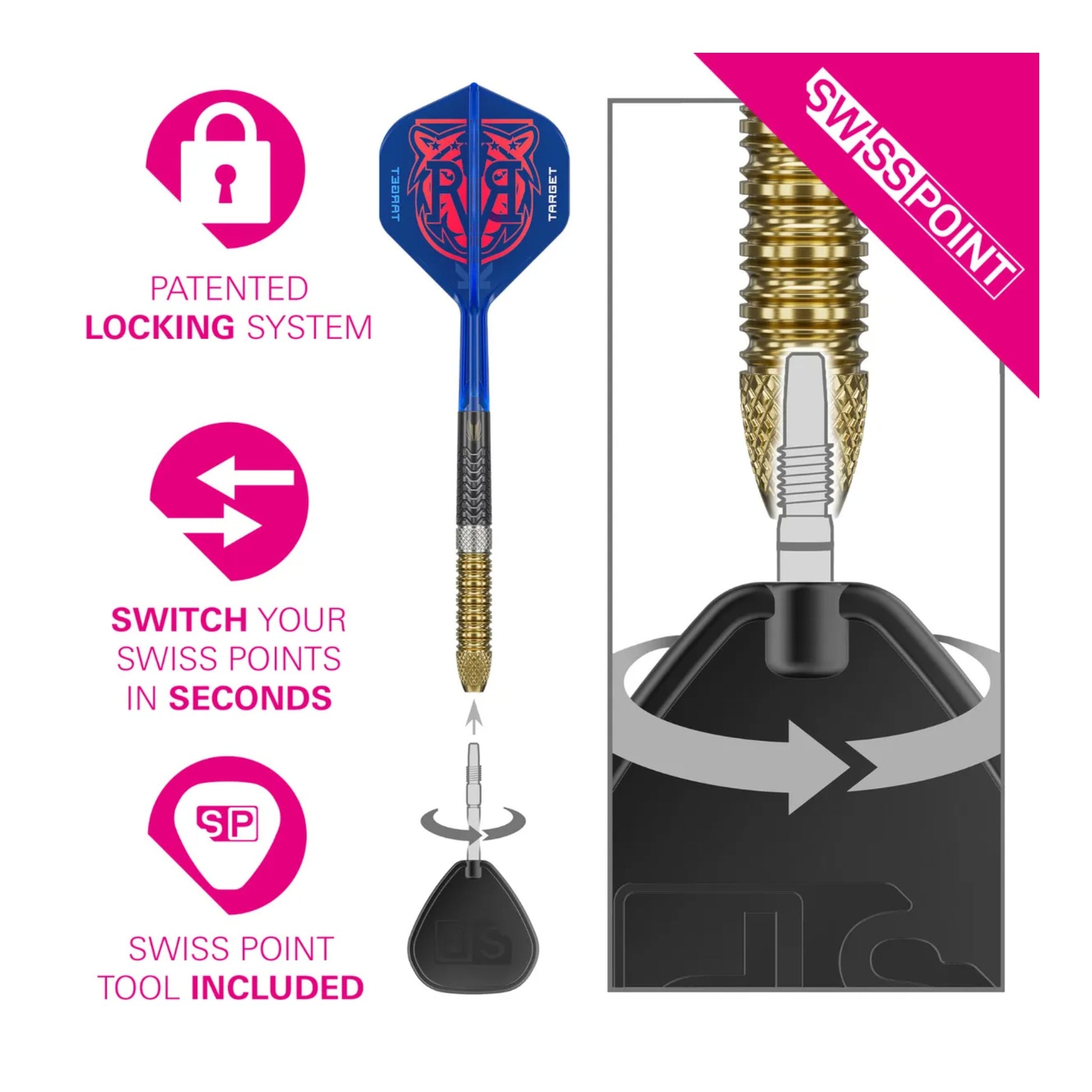 Target RVB Gen 6 darts with Swiss Point tool and extra 35mm Swiss Chrono points included in the box.