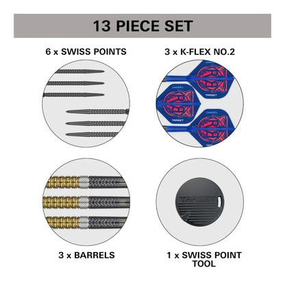 Studio shot of the Target RVB Gen 6 darts showing the complete setup with black Swiss points and K-Flex flights.