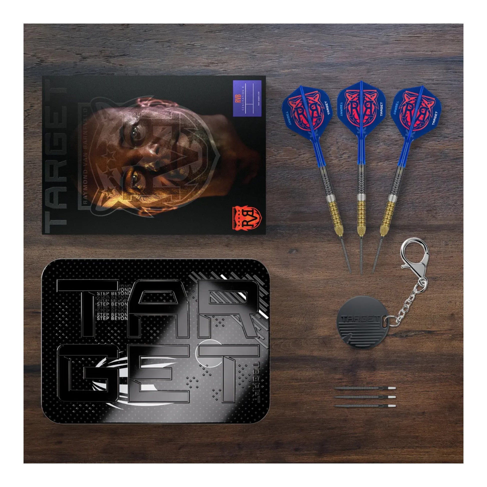 Three RVB Gen 6 darts laid out to show the slim profile of the 95% tungsten barrels.