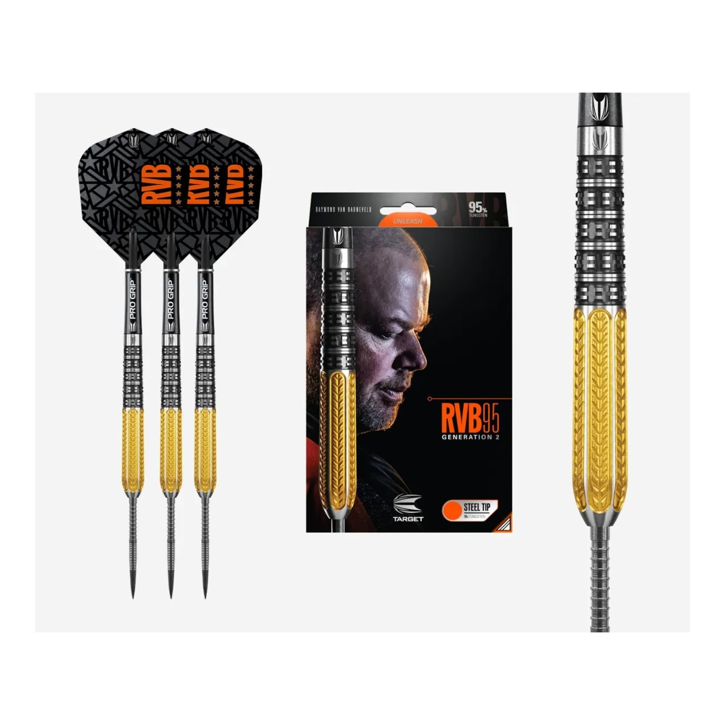 Box contents of Target RVB Gen 2 Darts, showing 95% tungsten barrels with gold and black trapezoidal grip, flights, and shafts.