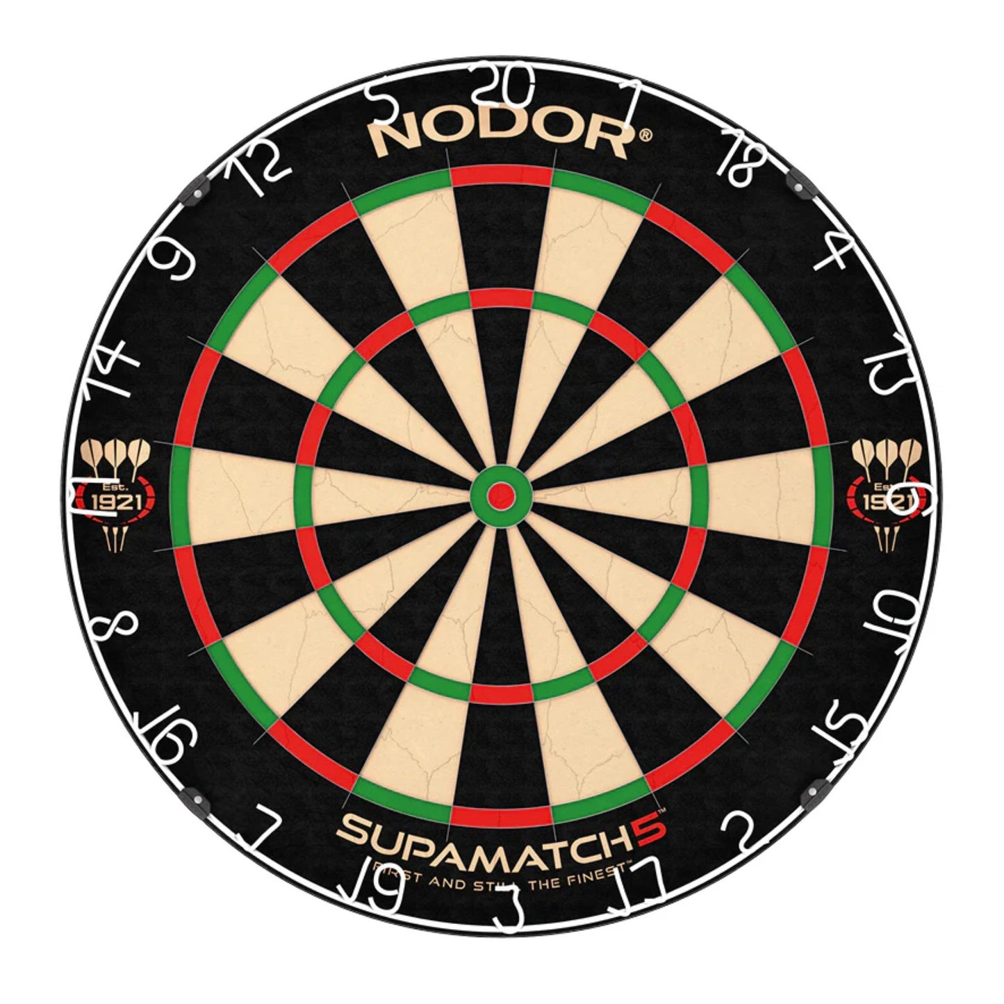Front view of Nodor Supamatch 5 bristle dartboard with vibrant number ring