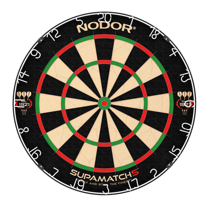 Front view of Nodor Supamatch 5 bristle dartboard with vibrant number ring