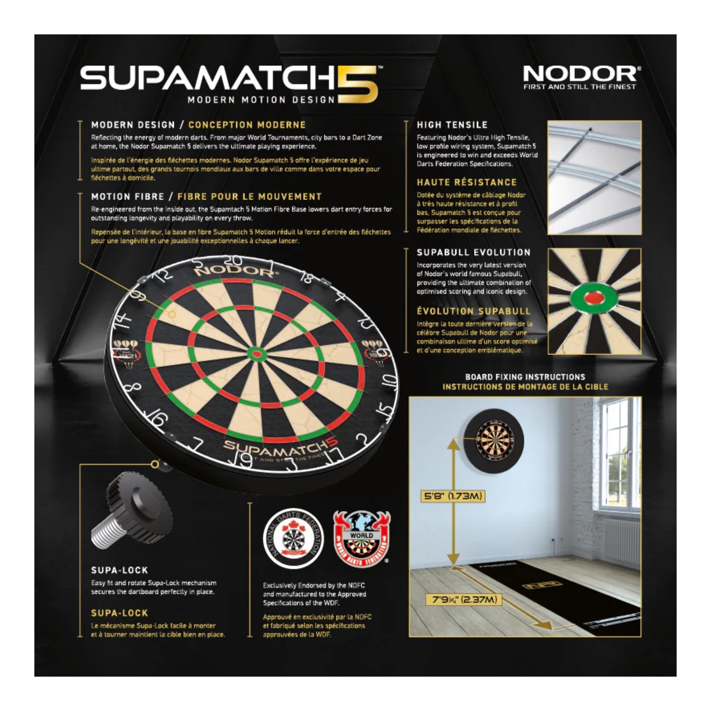 Nodor SupaMatch 5 dartboard packaging with product details and images.
