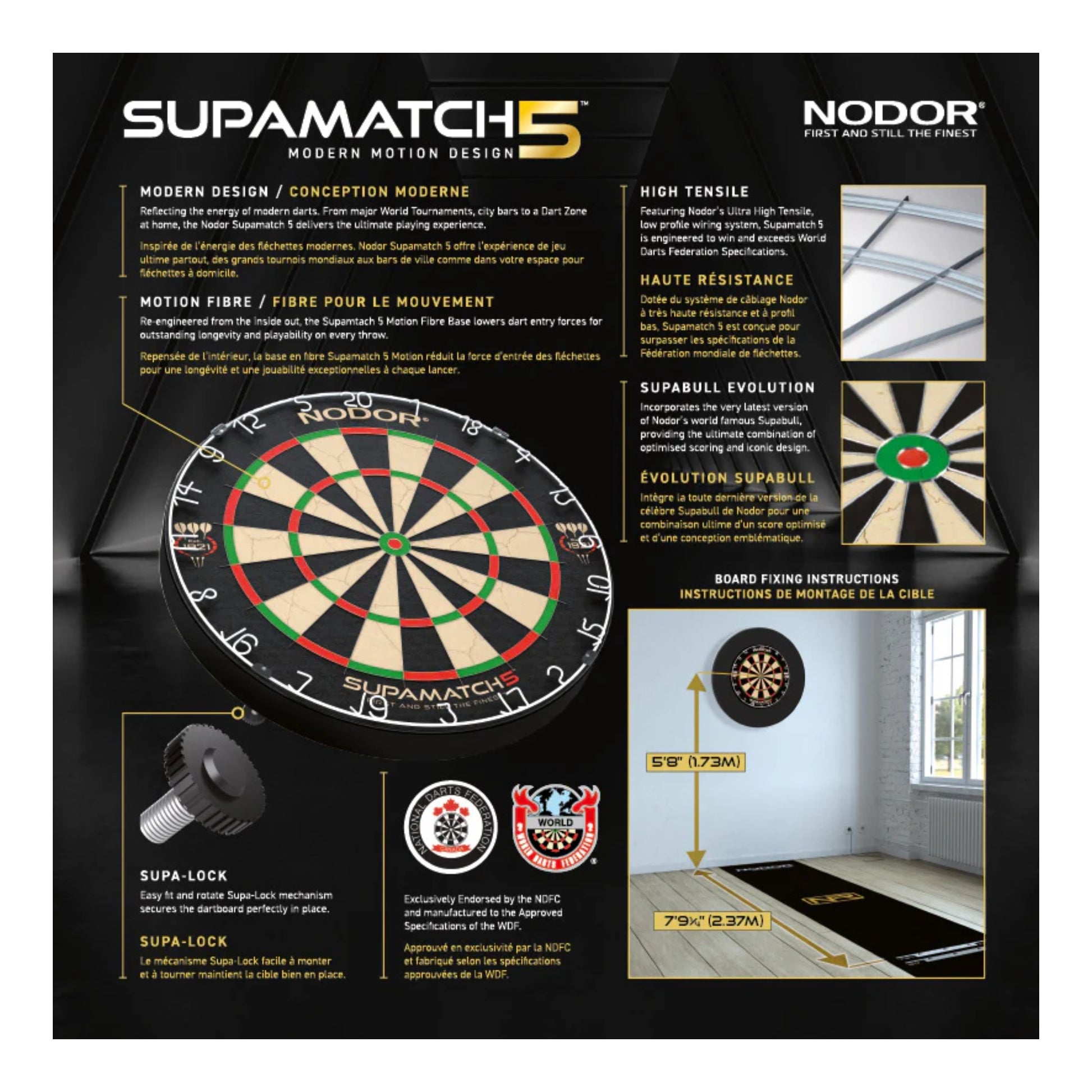 Nodor SupaMatch 5 dartboard packaging with product details and images.