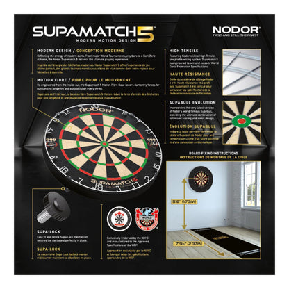 Nodor SupaMatch 5 dartboard packaging with product details and images.