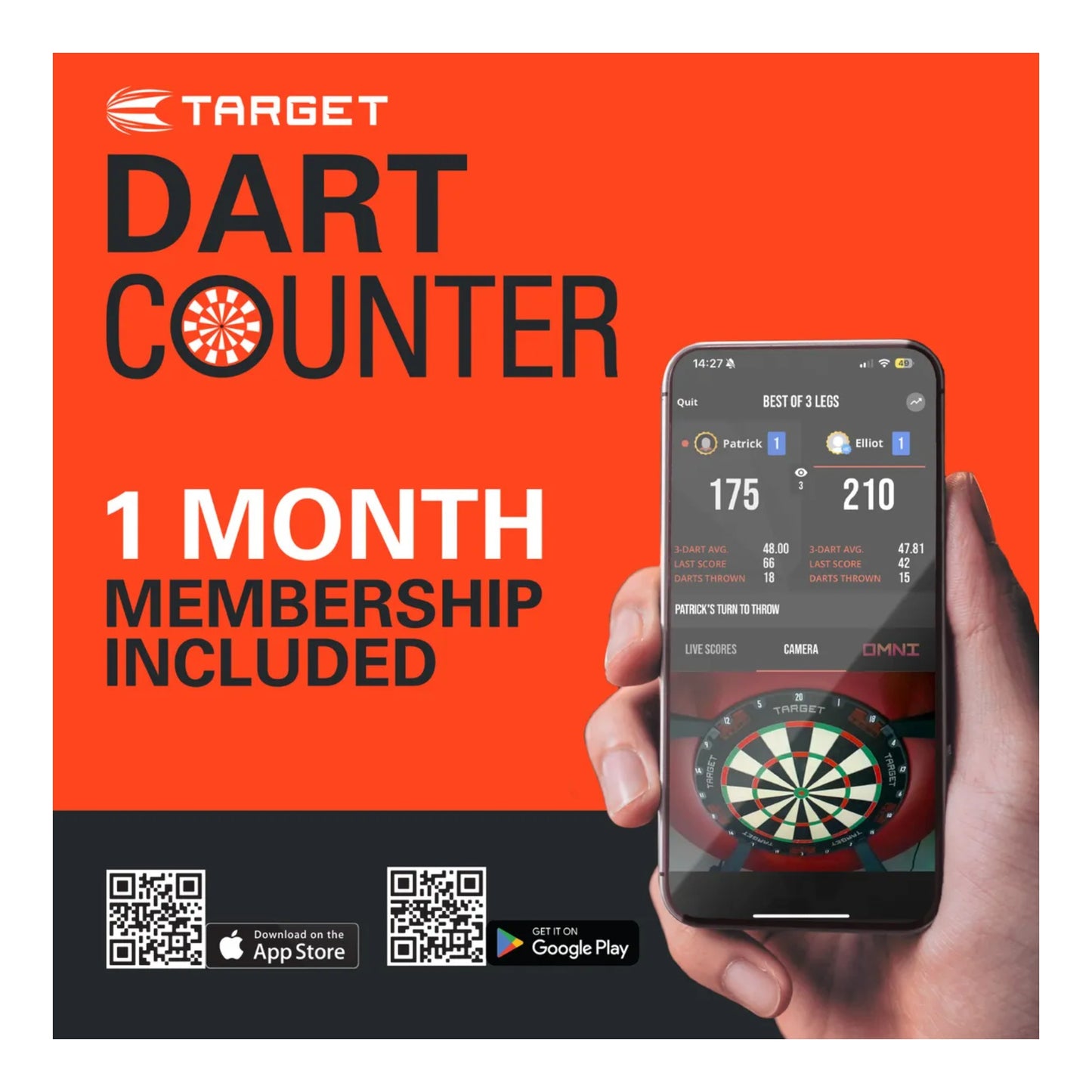 Promotional image of Target Dart Counter app with a hand holding a phone displaying the app on an orange and black background.