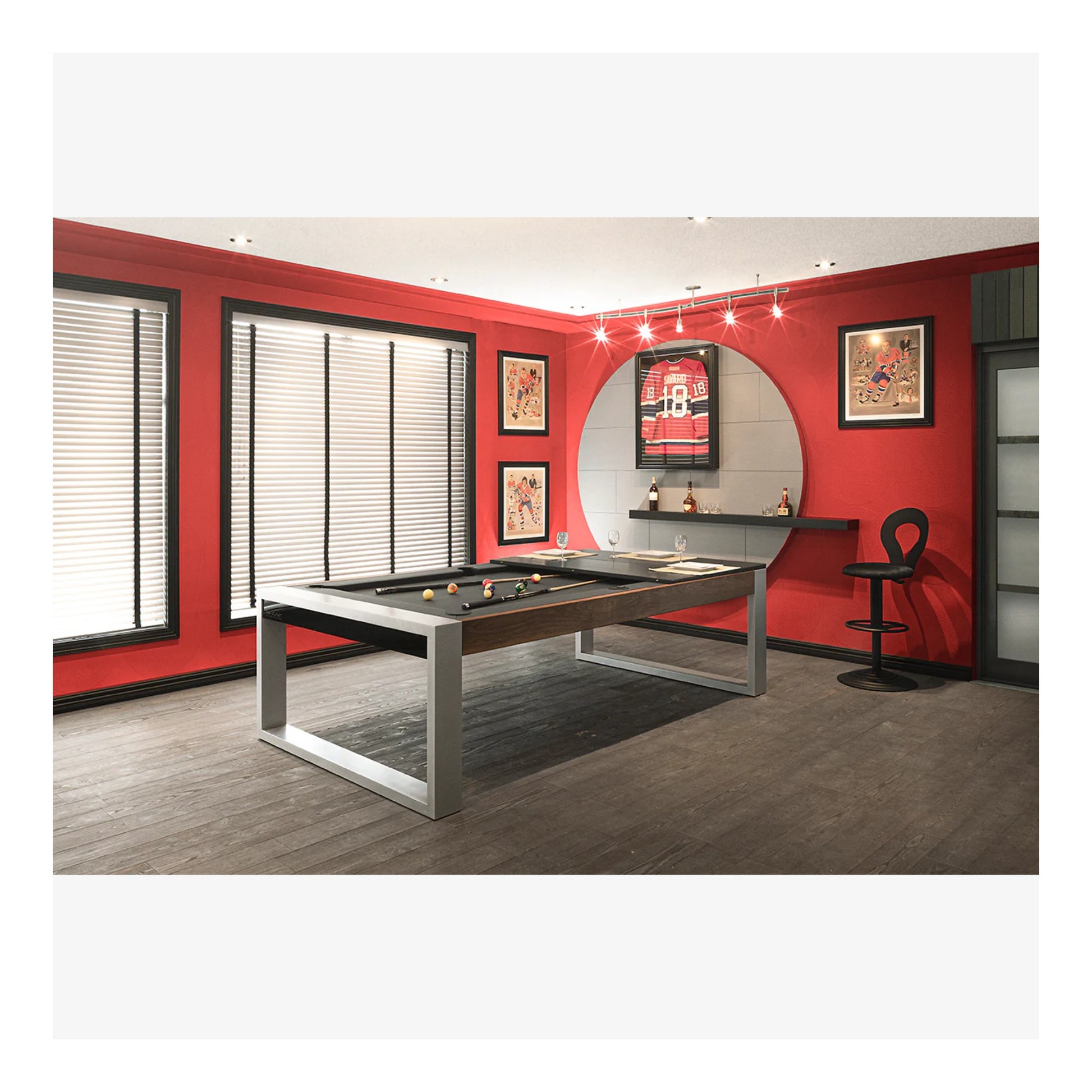 Modern pool table in a room with red walls and decorative elements.