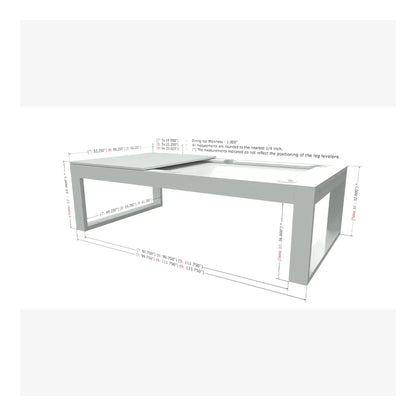 Rectangular glass table with dimensions on a white background