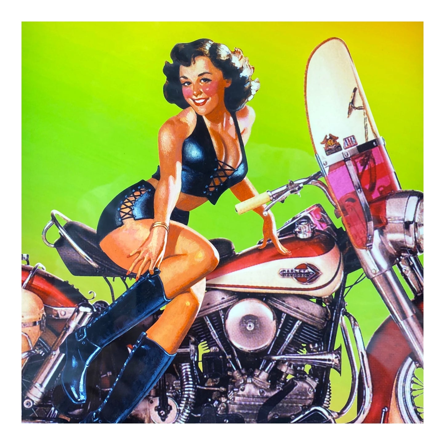 Pin-up-style illustration of a woman on a motorcycle with a bright green background