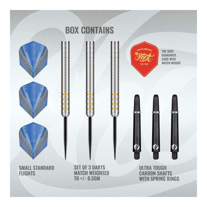 Complete box contents for the Ritchie Edhouse dart set showing barrels flights and Koi carbon shafts
