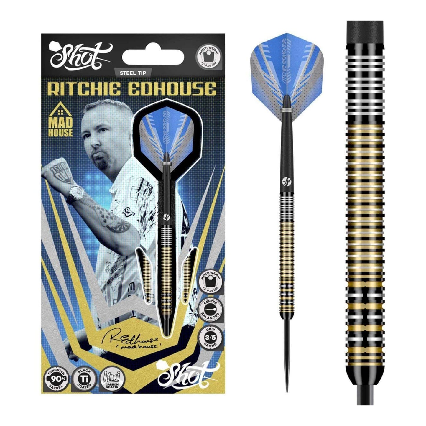 Complete set of three Shot Ritchie Edhouse Madhouse steel tip darts with flights and shafts