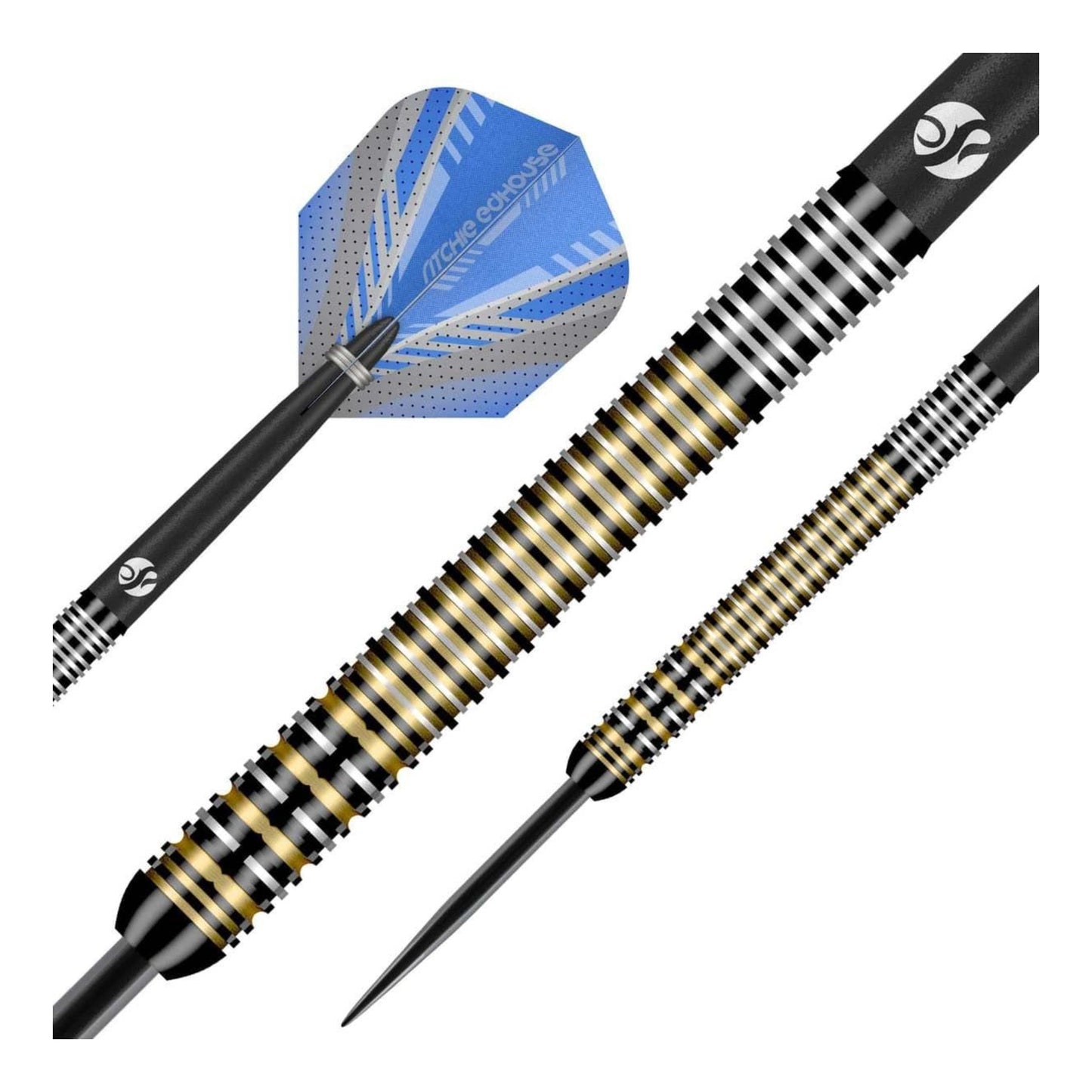 Close up of the 90% tungsten barrel on the Ritchie Edhouse Madhouse dart showing gold and silver rings