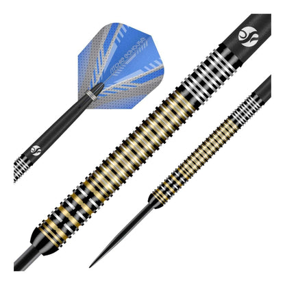 Close up of the 90% tungsten barrel on the Ritchie Edhouse Madhouse dart showing gold and silver rings