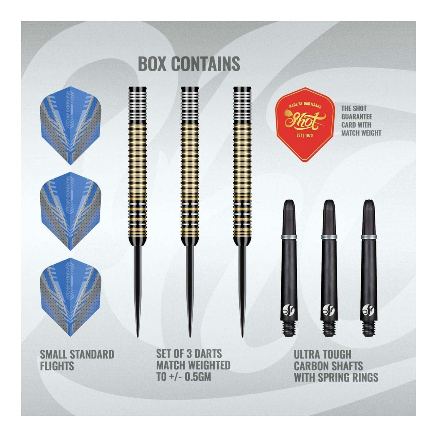 Retail packaging box contents for the Shot Ritchie Edhouse Madhouse steel tip dart set