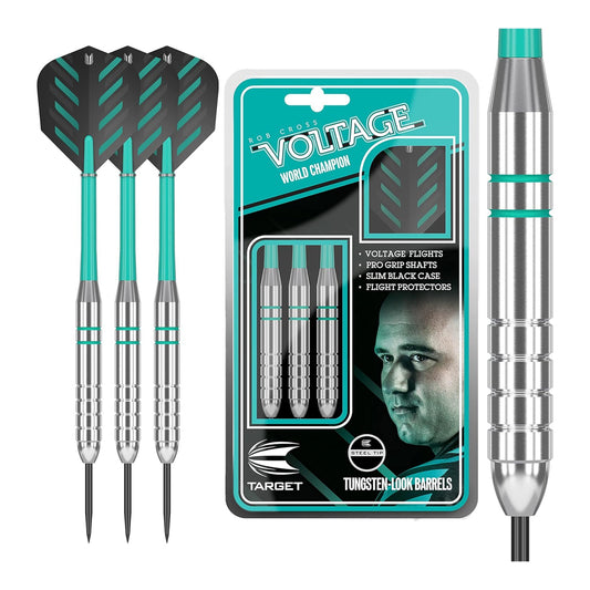 Complete set of Target Rob Cross Voltage silver brass darts with aqua Pro Grip shafts and signature flights.