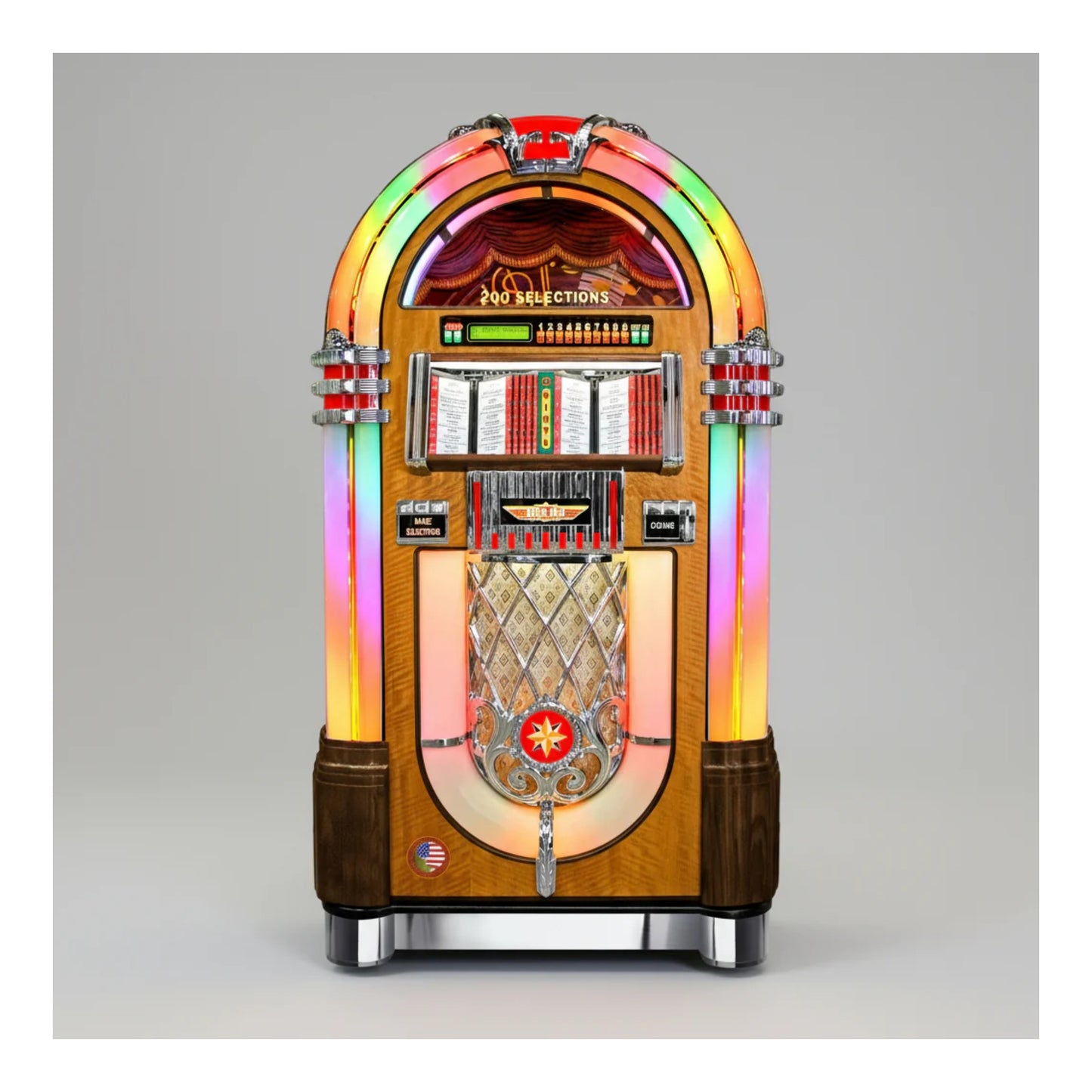 Vintage-style jukebox with colorful lights on a gray background