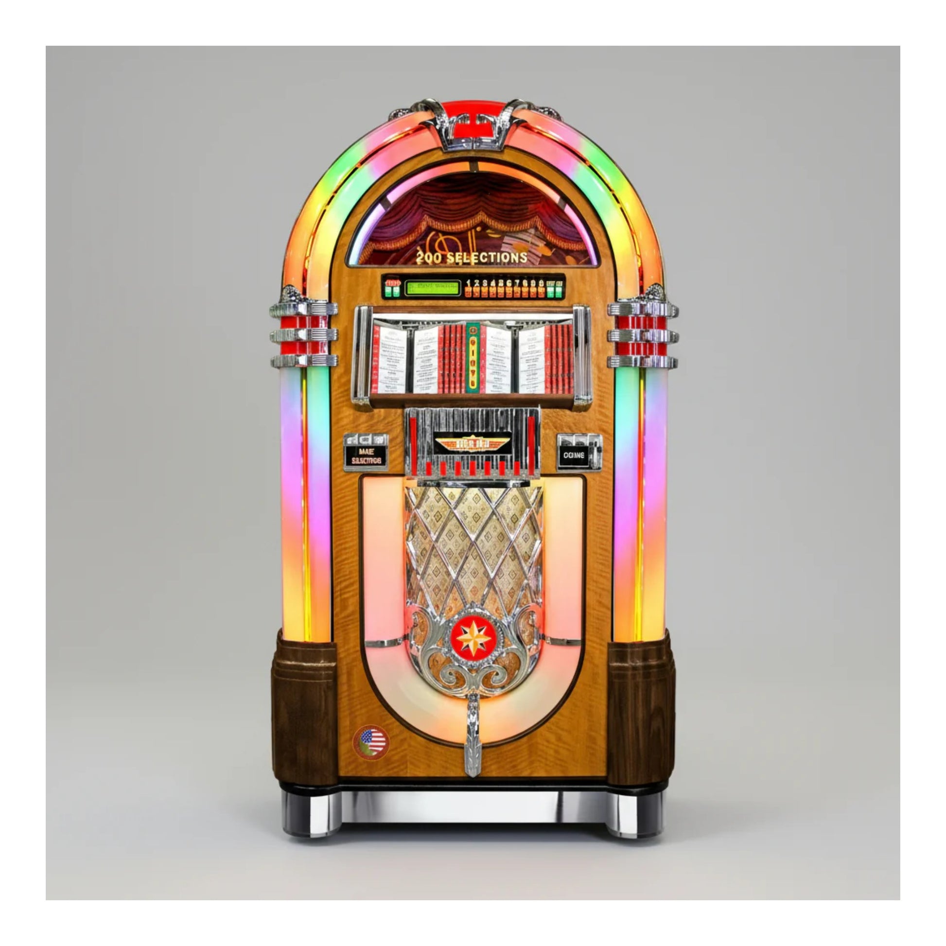 Vintage-style jukebox with colorful lights on a gray background
