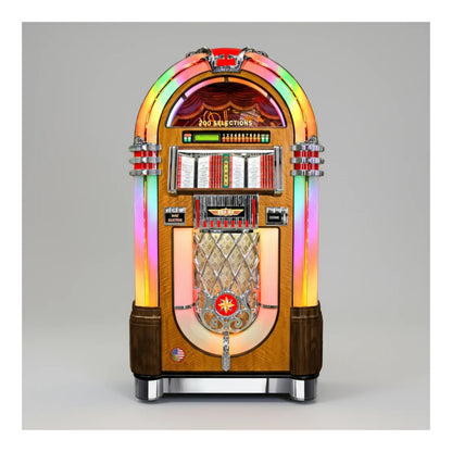 Vintage-style jukebox with colorful lights on a gray background