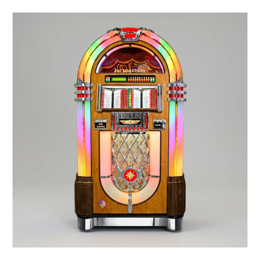 Vintage-style jukebox with colorful lights on a gray background