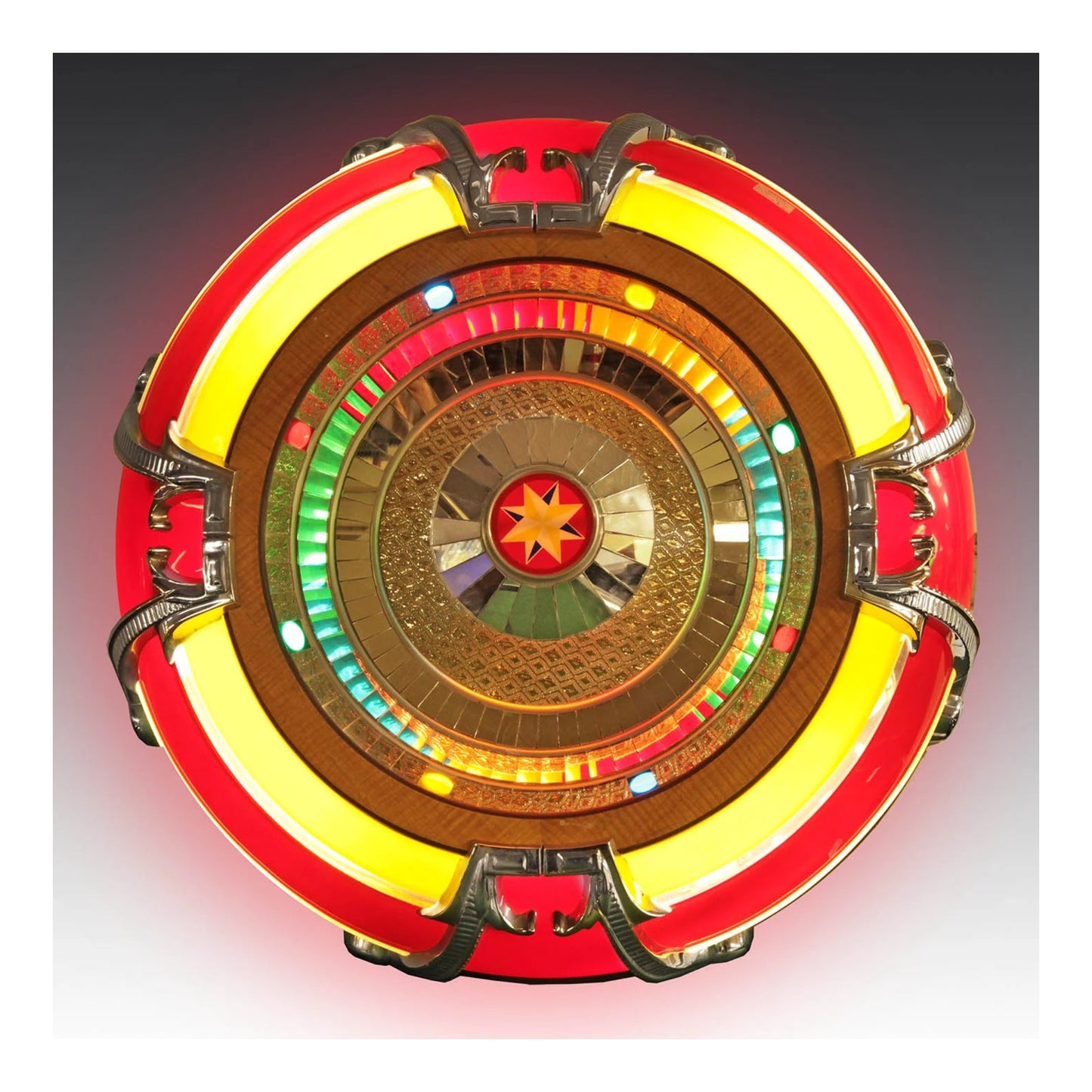 Decorative circular object with multicolored design on a gradient background