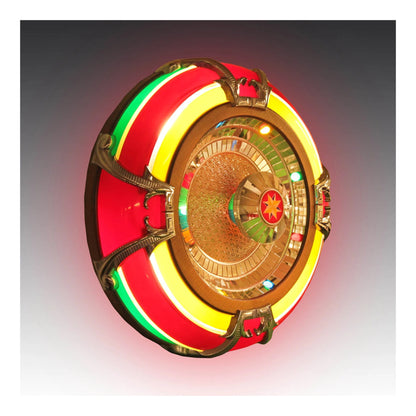 Decorative wall clock with red, yellow, and green colors on a gradient background