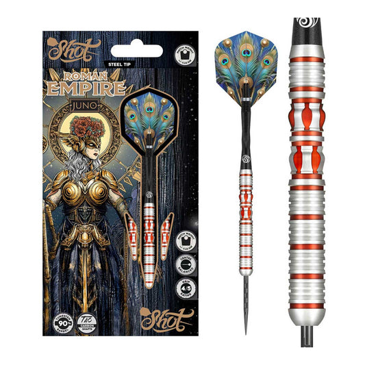 Shot Roman Empire Juno darts packaging and 90 percent tungsten barrels