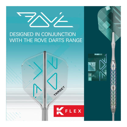 Close up of Rove K-Flex No.6 flight showing teal logo and clear shaft